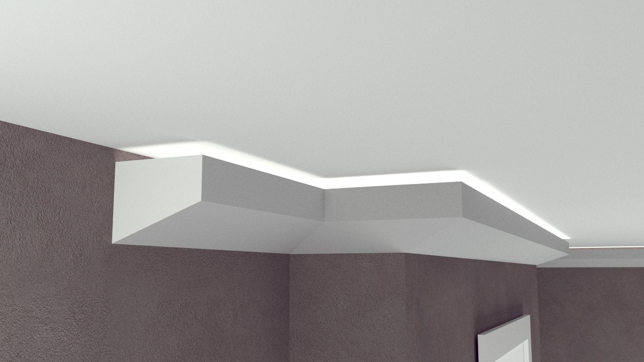Profil Decorativ din Polistiren pentru Tavane de Interior CIL0001, folosit ca si cornisa pentru Bandă LED de dimensiuni 90x115x2000