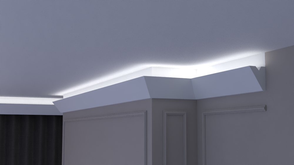 Profil Decorativ din Polistiren pentru Tavane de Interior CIL0003, folosit ca si cornisa pentru Bandă LED de dimensiuni 100x80x2000