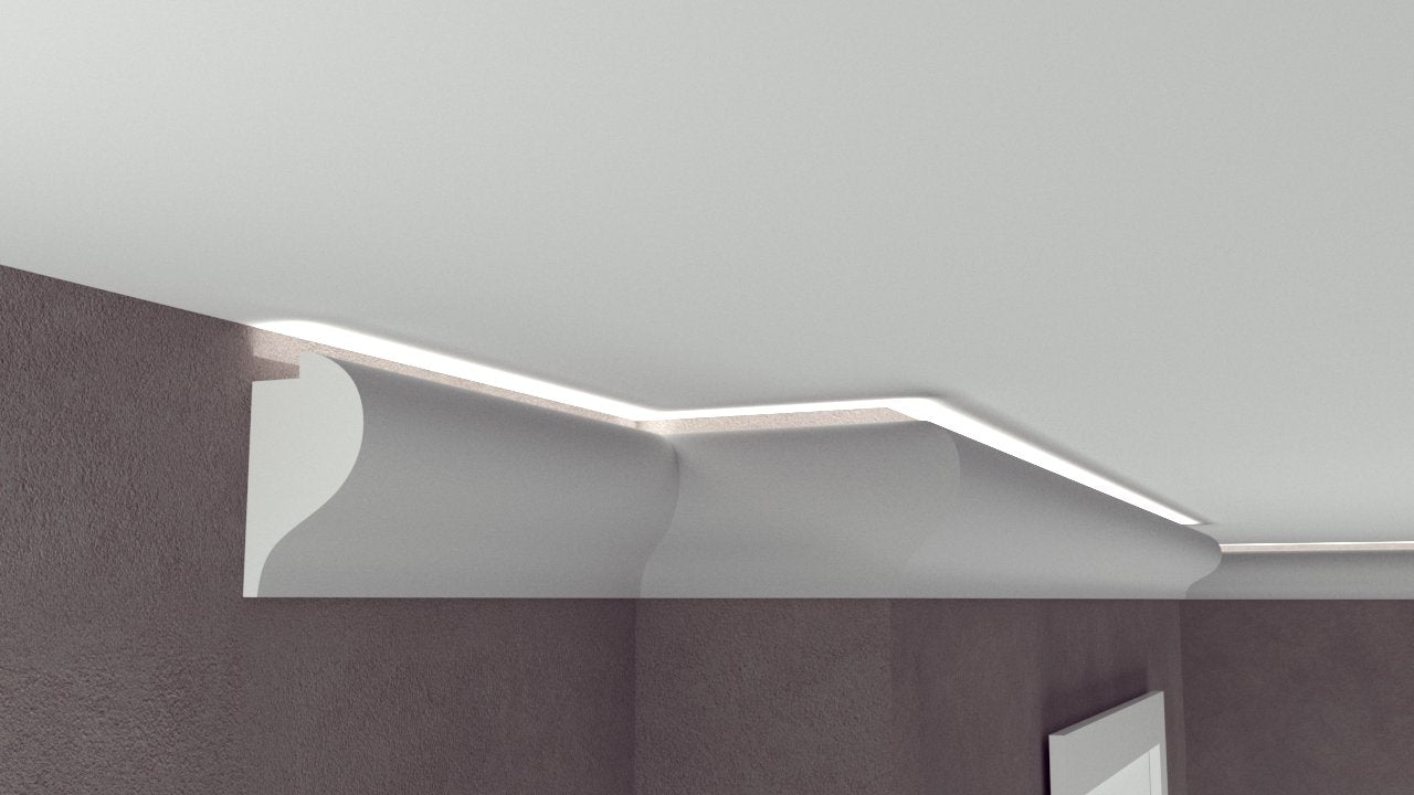 Profil Decorativ din Polistiren pentru Tavane de Interior CIL0004, folosit ca si cornisa pentru Bandă LED de dimensiuni 120x70x2000