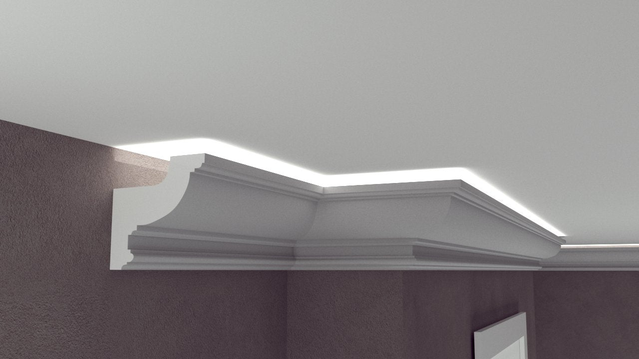 Profil Decorativ din Polistiren pentru Tavane de Interior CIL0005, folosit ca si cornisa pentru Bandă LED de dimensiuni 120x120x2000