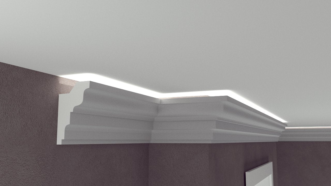 Profil Decorativ din Polistiren pentru Tavane de Interior CIL0007, folosit ca si cornisa pentru Bandă LED de dimensiuni 80x130x2000