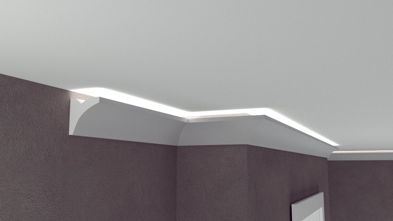 Profil Decorativ din Polistiren pentru Tavane de Interior CIL0009, folosit ca si cornisa pentru Bandă LED de dimensiuni 65x65x2000