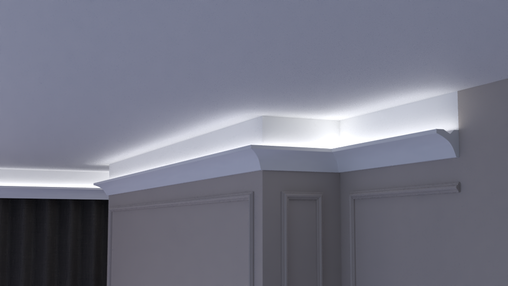 Profil Decorativ din Polistiren pentru Tavane de Interior CIL0009, folosit ca si cornisa pentru Bandă LED de dimensiuni 65x65x2000