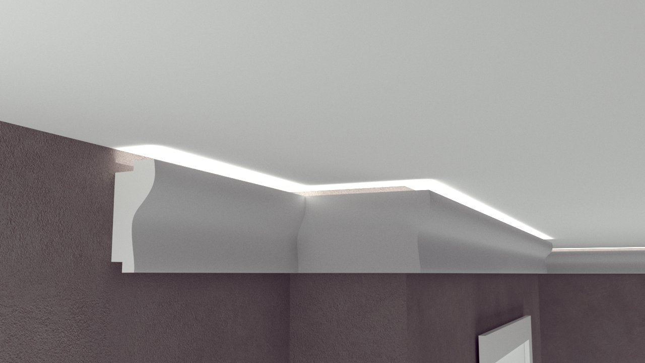Profil Decorativ din Polistiren pentru Tavane de Interior CIL0010, folosit ca si cornisa pentru Bandă LED de dimensiuni 55x120x2000