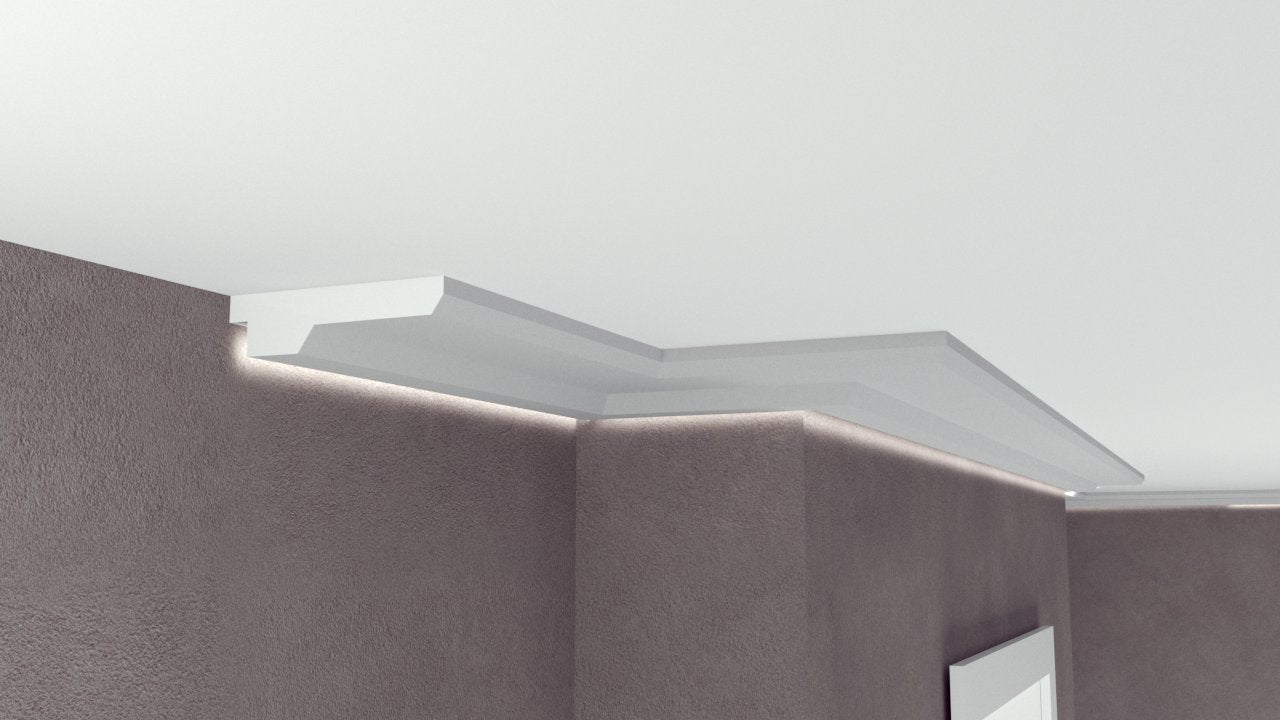 Profil Decorativ din Polistiren pentru Tavane de Interior CIL0011, folosit ca si cornisa pentru Bandă LED de dimensiuni 40x140x2000