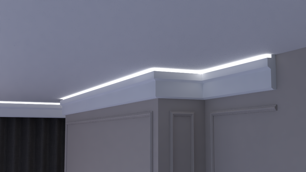 Profil Decorativ din Polistiren pentru Tavane de Interior CIL0011, folosit ca si cornisa pentru Bandă LED de dimensiuni 40x140x2000