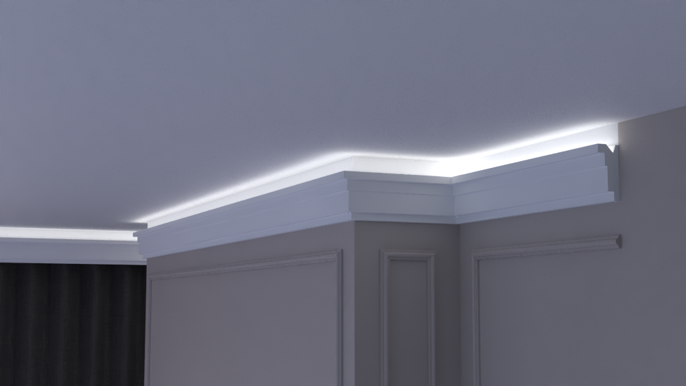 Profil Decorativ din Polistiren pentru Tavane de Interior CIL0012, folosit ca si cornisa pentru Bandă LED de dimensiuni 45x100x2000