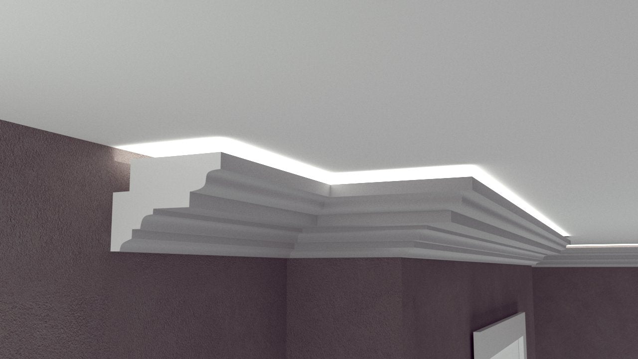 Profil Decorativ din Polistiren pentru Tavane de Interior CIL0013, folosit ca si cornisa pentru Bandă LED de dimensiuni 140x100x2000