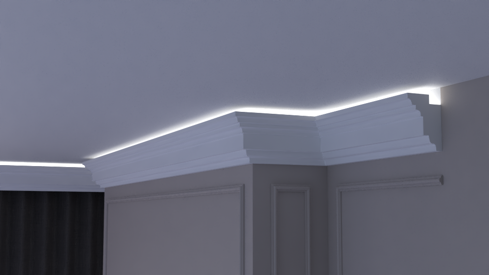 Profil Decorativ din Polistiren pentru Tavane de Interior CIL0013, folosit ca si cornisa pentru Bandă LED de dimensiuni 140x100x2000