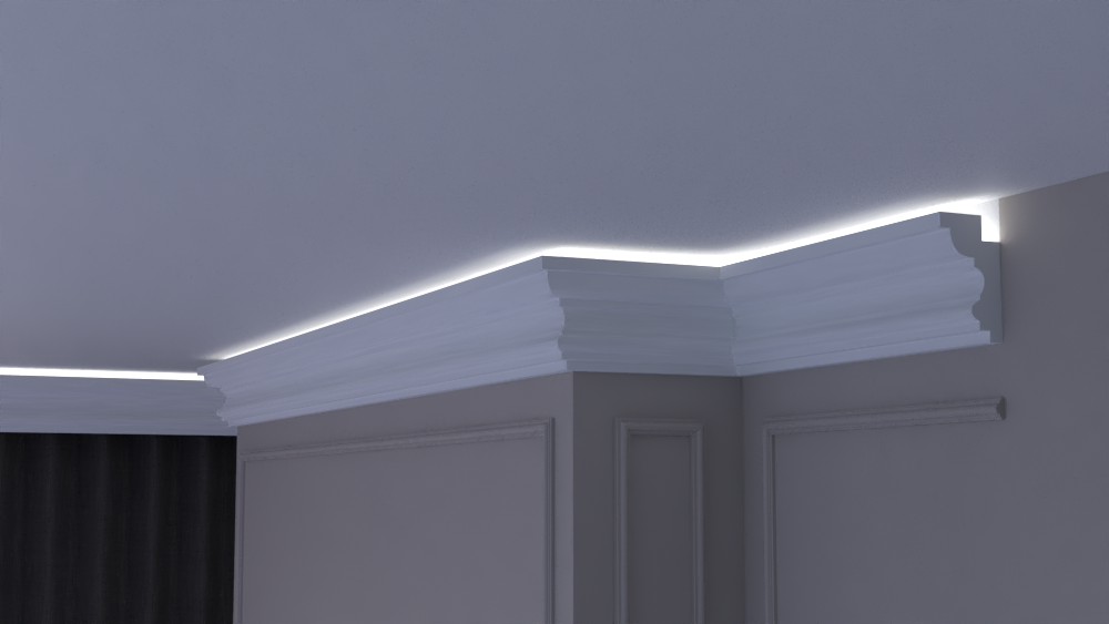 Profil Decorativ din Polistiren pentru Tavane de Interior CIL0014, folosit ca si cornisa pentru Bandă LED de dimensiuni 140x80x2000