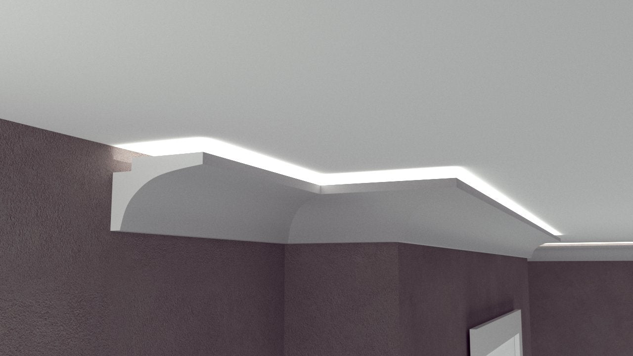 Profil Decorativ din Polistiren pentru Tavane de Interior CIL0015, folosit ca si cornisa pentru Bandă LED de dimensiuni 120x80x2000