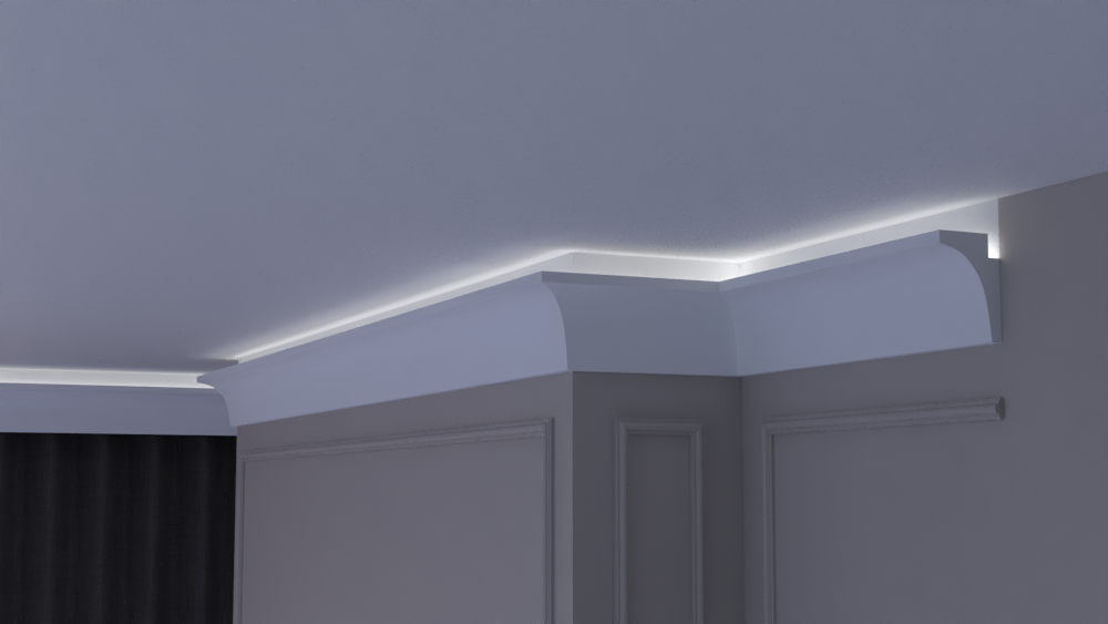 Profil Decorativ din Polistiren pentru Tavane de Interior CIL0015, folosit ca si cornisa pentru Bandă LED de dimensiuni 120x80x2000
