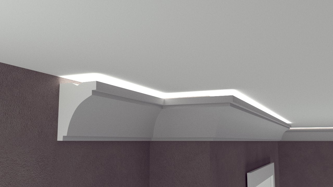 Profil Decorativ din Polistiren pentru Tavane de Interior CIL0017, folosit ca si cornisa pentru Bandă LED de dimensiuni 120x95x2000