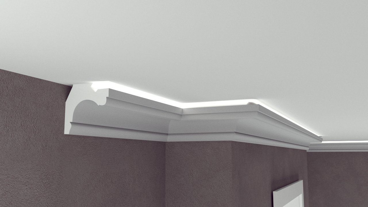Profil Decorativ din Polistiren pentru Tavane de Interior CIL0018, folosit ca si cornisa pentru Bandă LED de dimensiuni 100x100x2000
