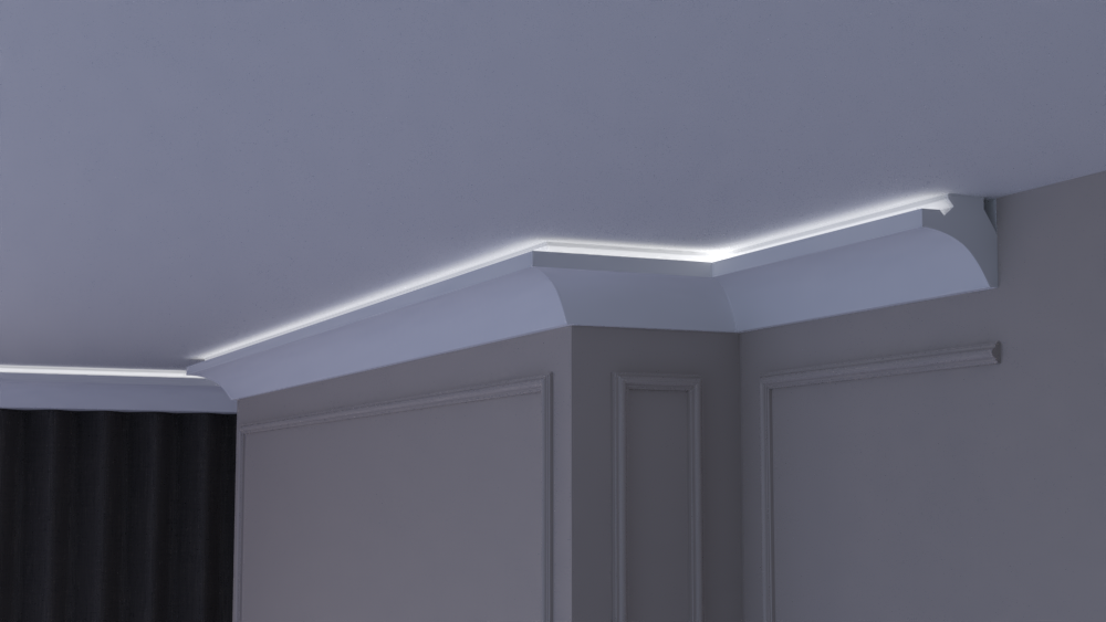 Profil Decorativ din Polistiren pentru Tavane de Interior CIL0019, folosit ca si cornisa pentru Bandă LED de dimensiuni 100x100x2000