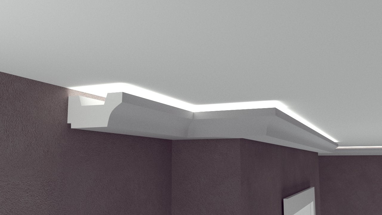 Profil Decorativ din Polistiren pentru Tavane de Interior CIL0022, folosit ca si cornisa pentru Bandă LED de dimensiuni 120x60x2000