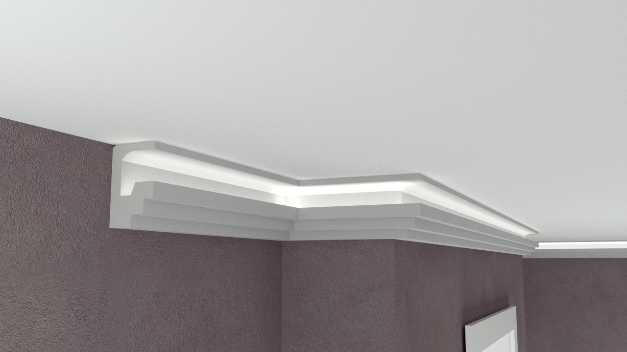 Profil Decorativ din Polistiren pentru Tavane de Interior CIL0025, folosit ca si cornisa pentru Bandă LED de dimensiuni 100x60x2000