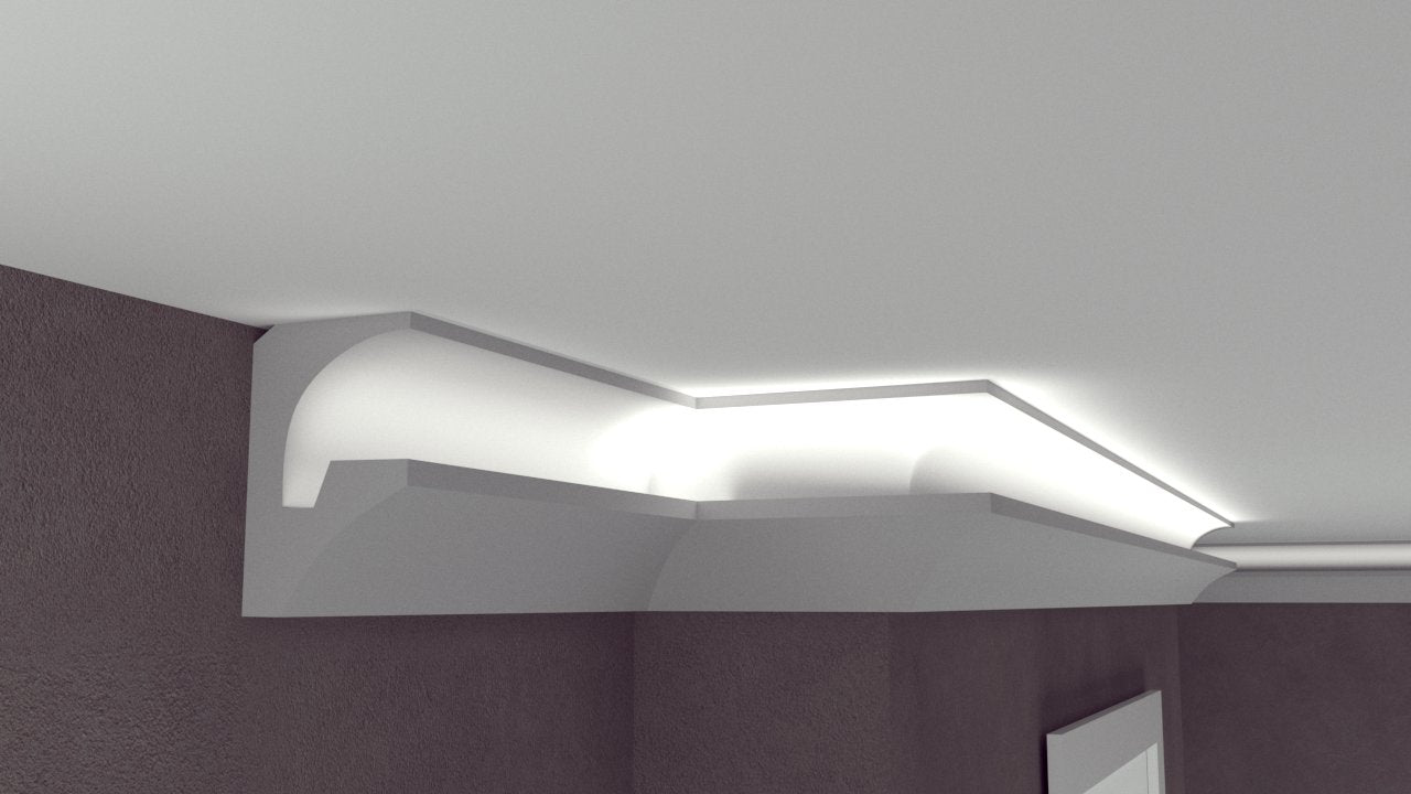 Profil Decorativ din Polistiren pentru Tavane de Interior CIL0028, folosit ca si cornisa pentru Bandă LED de dimensiuni 150x90x2000