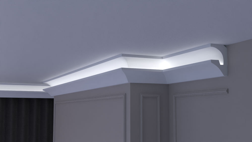 Profil Decorativ din Polistiren pentru Tavane de Interior CIL0028, folosit ca si cornisa pentru Bandă LED de dimensiuni 150x90x2000