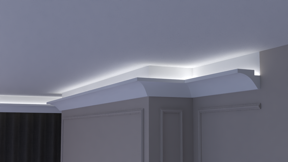 Profil Decorativ din Polistiren pentru Tavane de Interior CIL0030, folosit ca si cornisa pentru Bandă LED de dimensiuni 100x80x2000