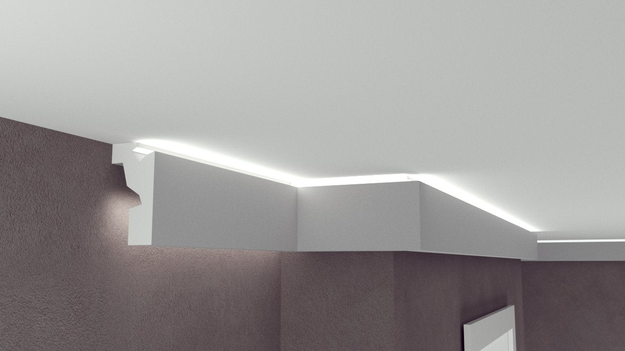 Profil Decorativ din Polistiren pentru Tavane de Interior CIL0036, folosit ca si cornisa pentru Bandă LED de dimensiuni 120x60x2000