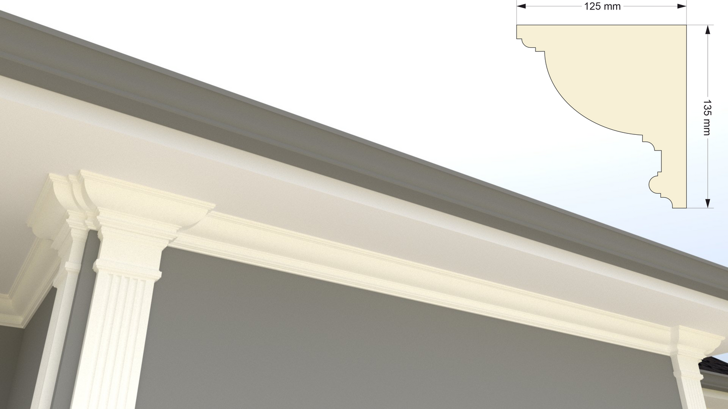 Profil decorativ din polistiren pentru tavan,ștaublat și capitel TRIMINNO-CES0001, folosit ca și solbanc sau cornișă de dimensiuni 135x125x2000