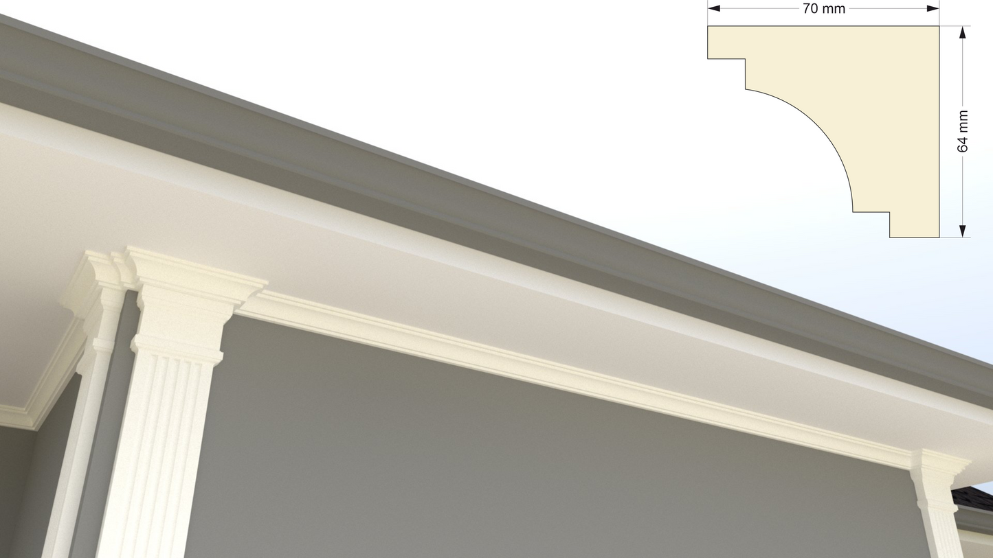 Profil decorativ din polistiren pentru tavan,ștaublat și capitel TRIMINNO-CES0004, folosit ca si solbanc sau cornisa de dimensiuni 64x70x2000