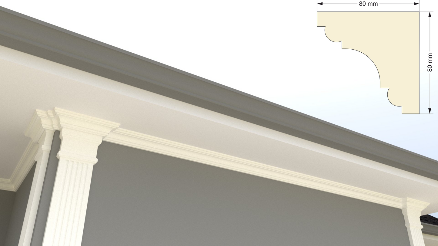 Profil decorativ din polistiren pentru tavan, ștaublat și capitel TRIMINNO-CES0007, folosit ca si solbanc sau cornisa de dimensiuni 80x80x2000