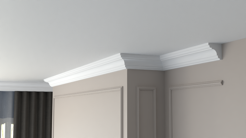 Profil Decorativ din Polistiren pentru Tavane de Interior CIS0007, folosit ca si cornisa de dimensiuni 80x80x2000