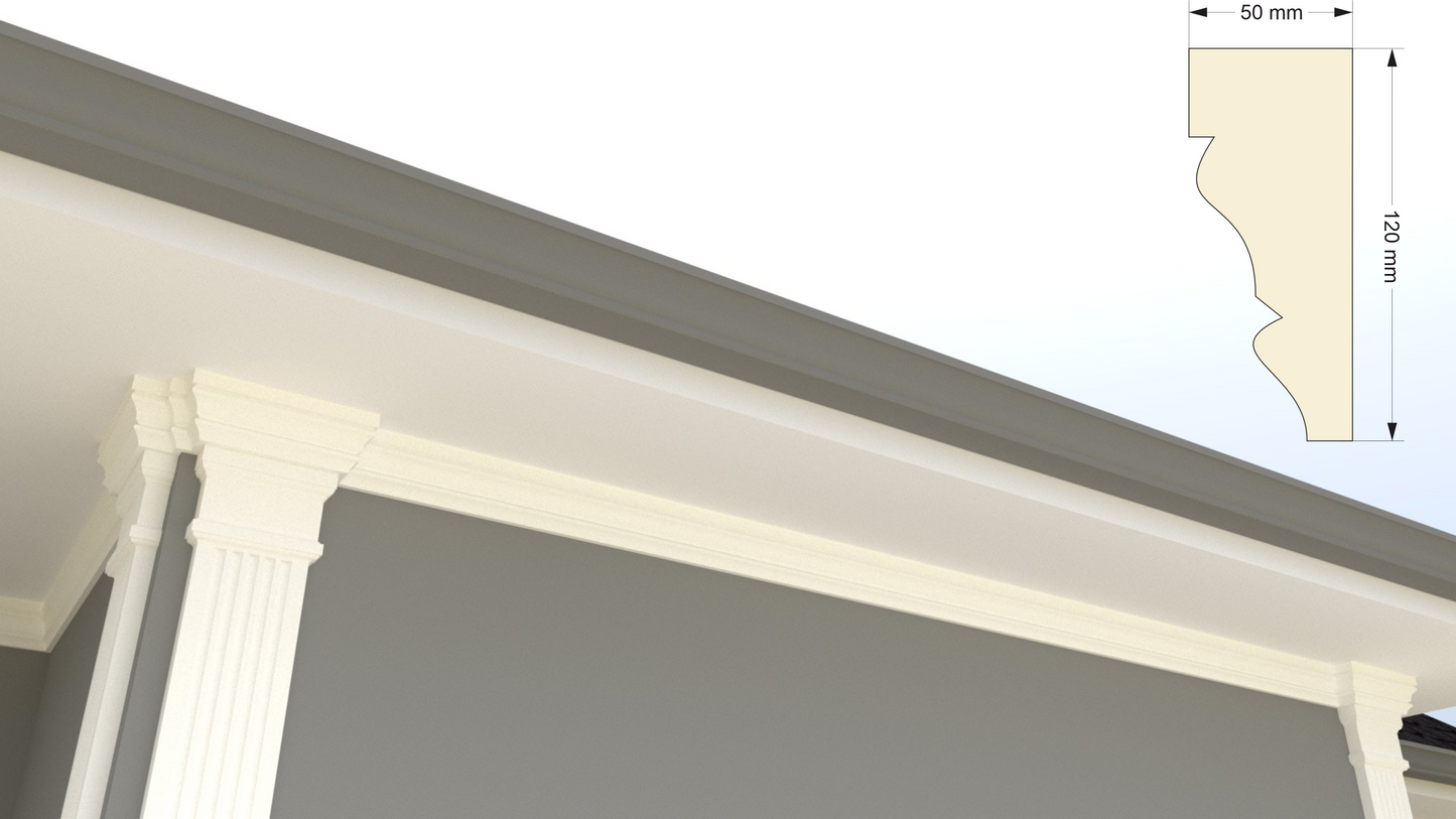Profil decorativ din polistiren pentru tavan, ștaublat și capite TRIMINNO-CES0017, folosit ca si solbanc sau cornisa de dimensiuni 120x50x2000
