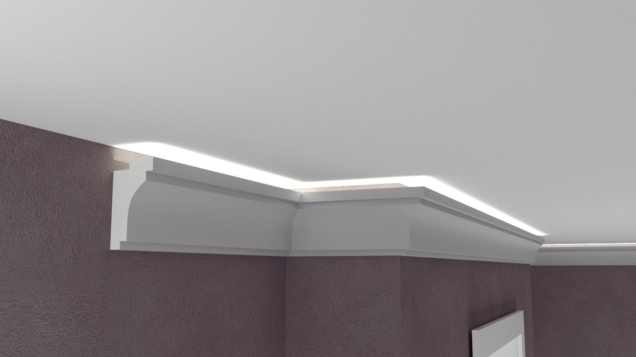 Profil Decorativ din Polistiren pentru Tavane de Interior CIL0020, folosit ca si cornisa pentru Bandă  LED de dimensiuni 100x55x2000