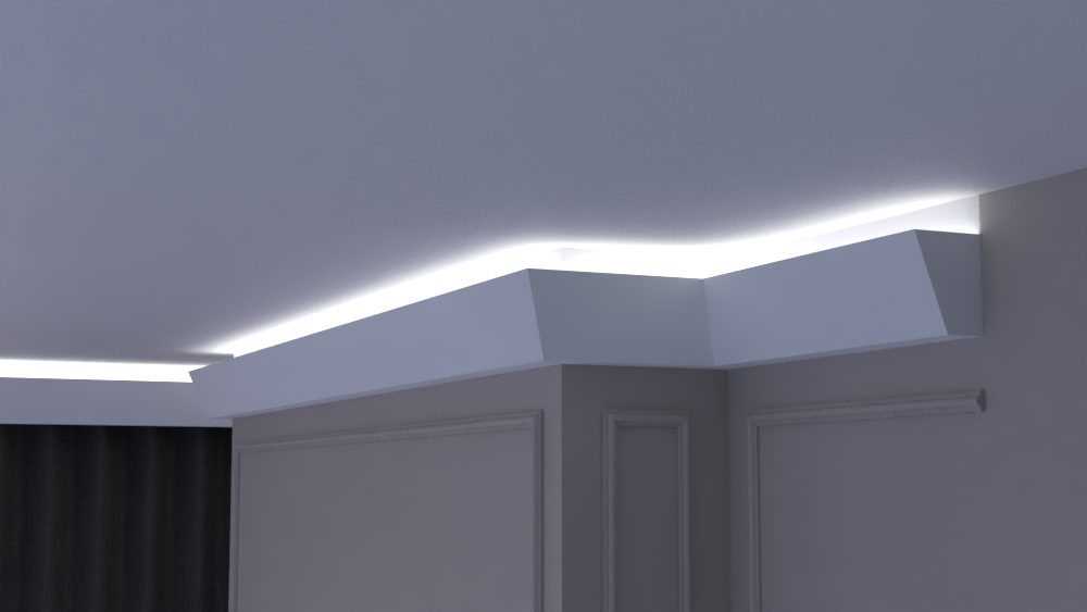 Profil Decorativ din Polistiren pentru Tavane de Interior CIL0001, folosit ca si cornisa pentru Bandă  LED de dimensiuni 90x115x2000