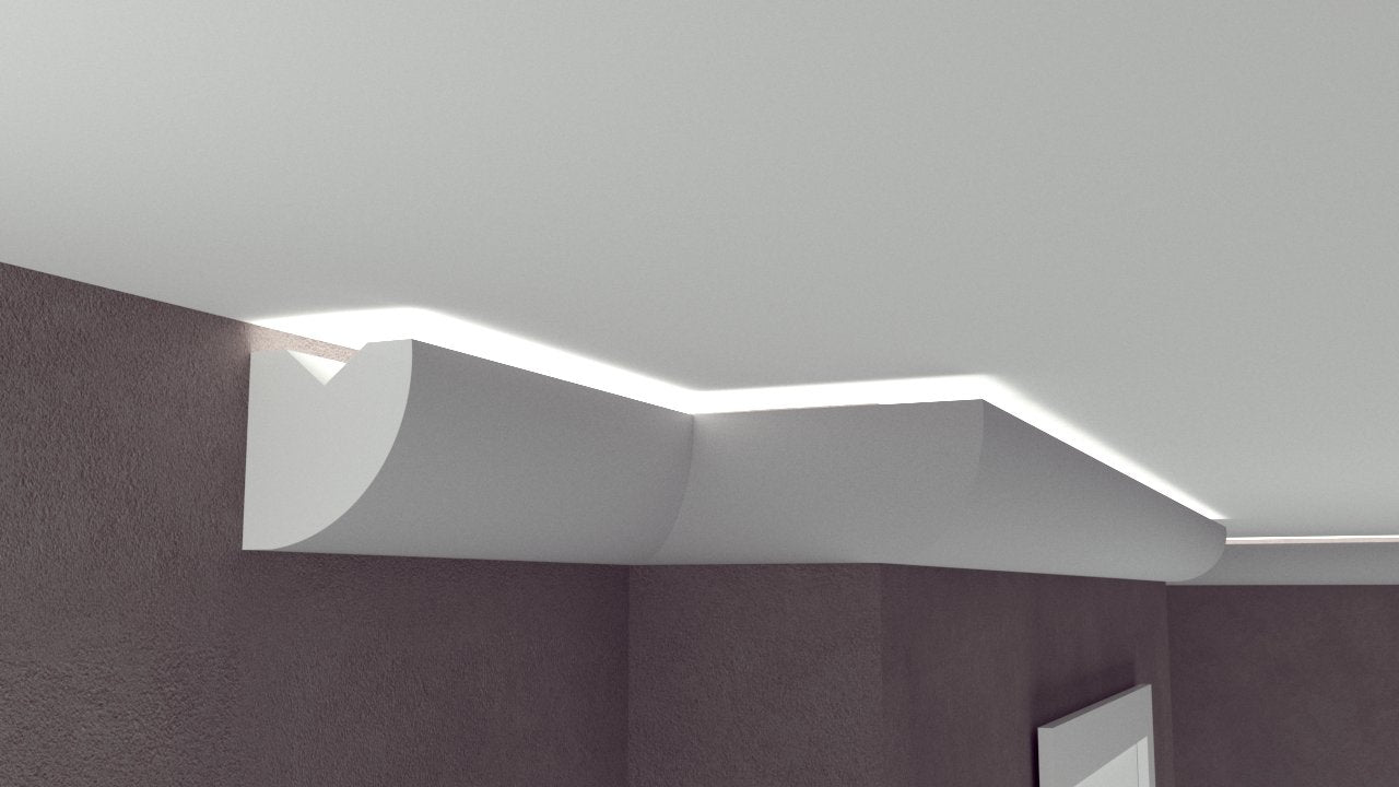 Profil Decorativ din Polistiren pentru Tavane de Interior CIL0002, folosit ca si cornisa pentru Bandă  LED de dimensiuni 100x100x2000