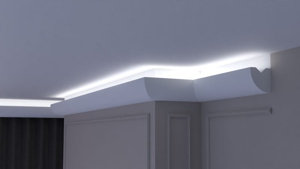 Profil Decorativ din Polistiren pentru Tavane de Interior CIL0002, folosit ca si cornisa pentru Bandă  LED de dimensiuni 100x100x2000