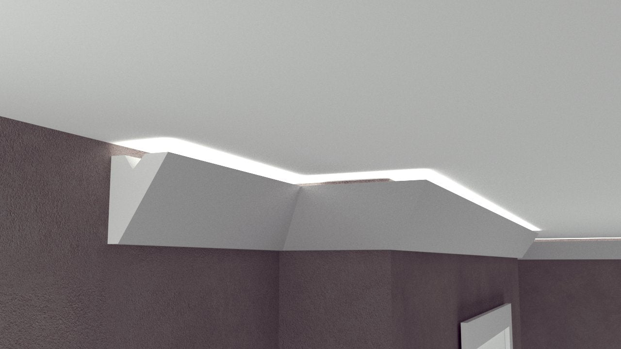 Profil Decorativ din Polistiren pentru Tavane de Interior CIL0003, folosit ca si cornisa pentru Bandă  LED de dimensiuni 100x80x2000
