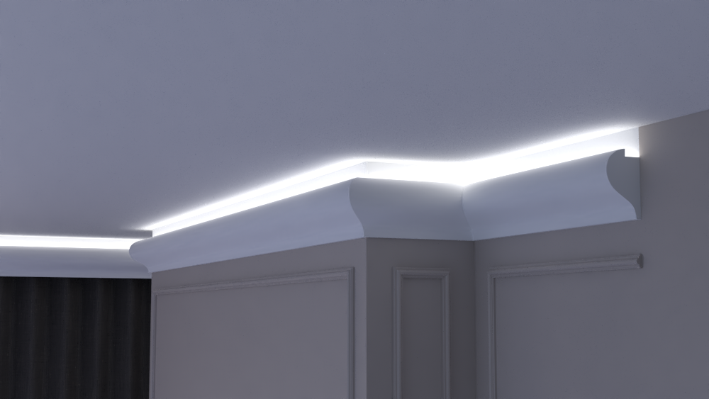 Profil Decorativ din Polistiren pentru Tavane de Interior CIL0004, folosit ca si cornisa pentru Bandă  LED de dimensiuni 120x70x2000