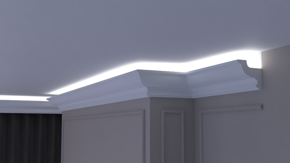 Profil Decorativ din Polistiren pentru Tavane de Interior CIL0005, folosit ca si cornisa pentru Bandă  LED de dimensiuni 120x120x2000
