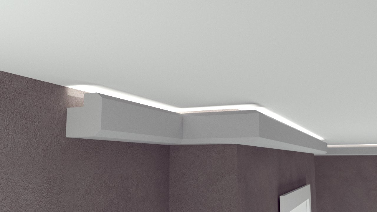 Profil Decorativ din Polistiren pentru Tavane de Interior CIL0006, folosit ca si cornisa pentru Bandă  LED de dimensiuni 80x80x2000