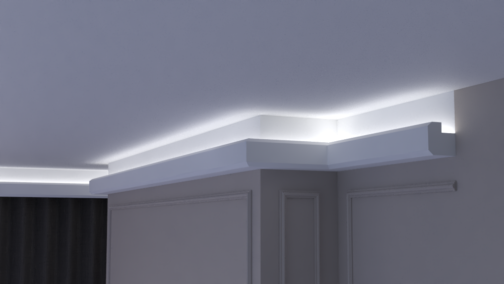 Profil Decorativ din Polistiren pentru Tavane de Interior CIL0006, folosit ca si cornisa pentru Bandă  LED de dimensiuni 80x80x2000