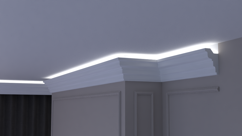 Profil Decorativ din Polistiren pentru Tavane de Interior CIL0007, folosit ca si cornisa pentru Bandă  LED de dimensiuni 80x130x2000