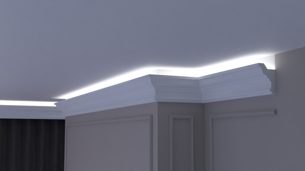 Profil Decorativ din Polistiren pentru Tavane de Interior CIL0008, folosit ca si cornisa pentru Bandă  LED de dimensiuni 80x120x2000