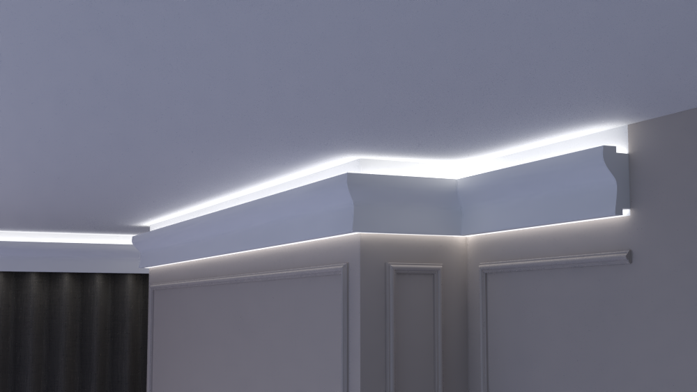 Profil Decorativ din Polistiren pentru Tavane de Interior CIL0010, folosit ca si cornisa pentru Bandă  LED de dimensiuni 55x120x2000