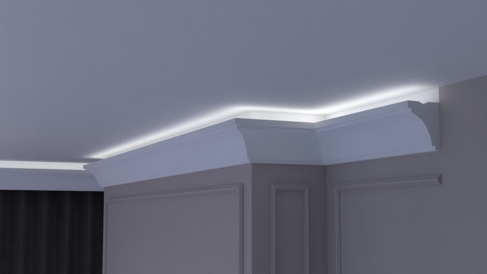 Profil Decorativ din Polistiren pentru Tavane de Interior CIL0017, folosit ca si cornisa pentru Bandă  LED de dimensiuni 120x95x2000