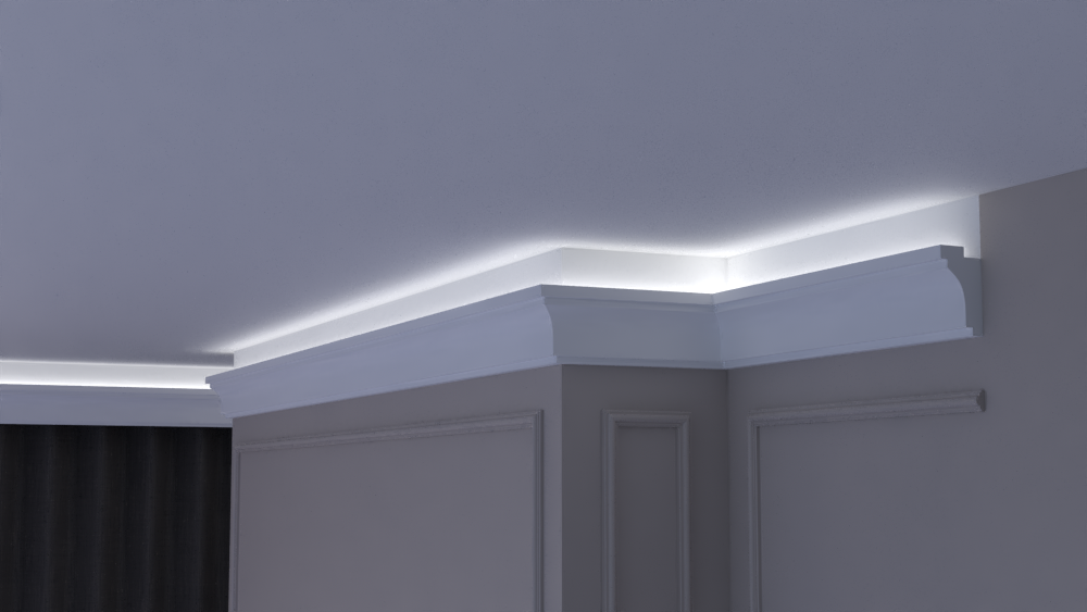 Profil Decorativ din Polistiren pentru Tavane de Interior CIL0020, folosit ca si cornisa pentru Bandă  LED de dimensiuni 100x55x2000