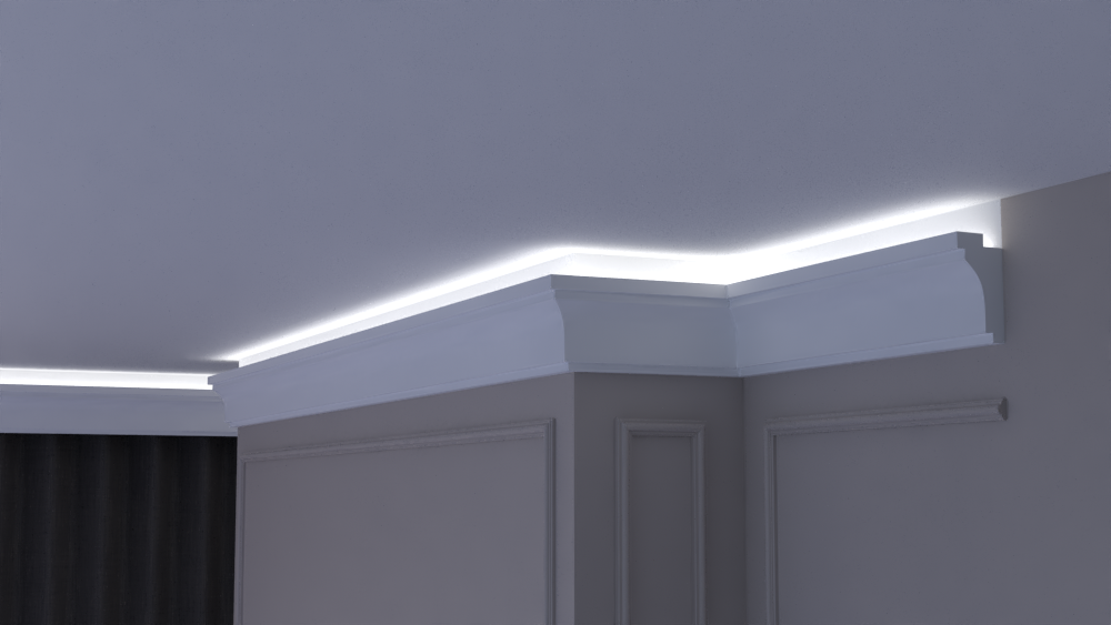 Profil Decorativ din Polistiren pentru Tavane de Interior CIL0021, folosit ca si cornisa pentru Bandă  LED de dimensiuni 120x60x2000