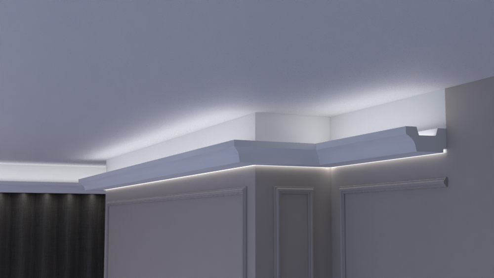 Profil Decorativ din Polistiren pentru Tavane de Interior CIL0022, folosit ca si cornisa pentru Bandă  LED de dimensiuni 120x60x2000