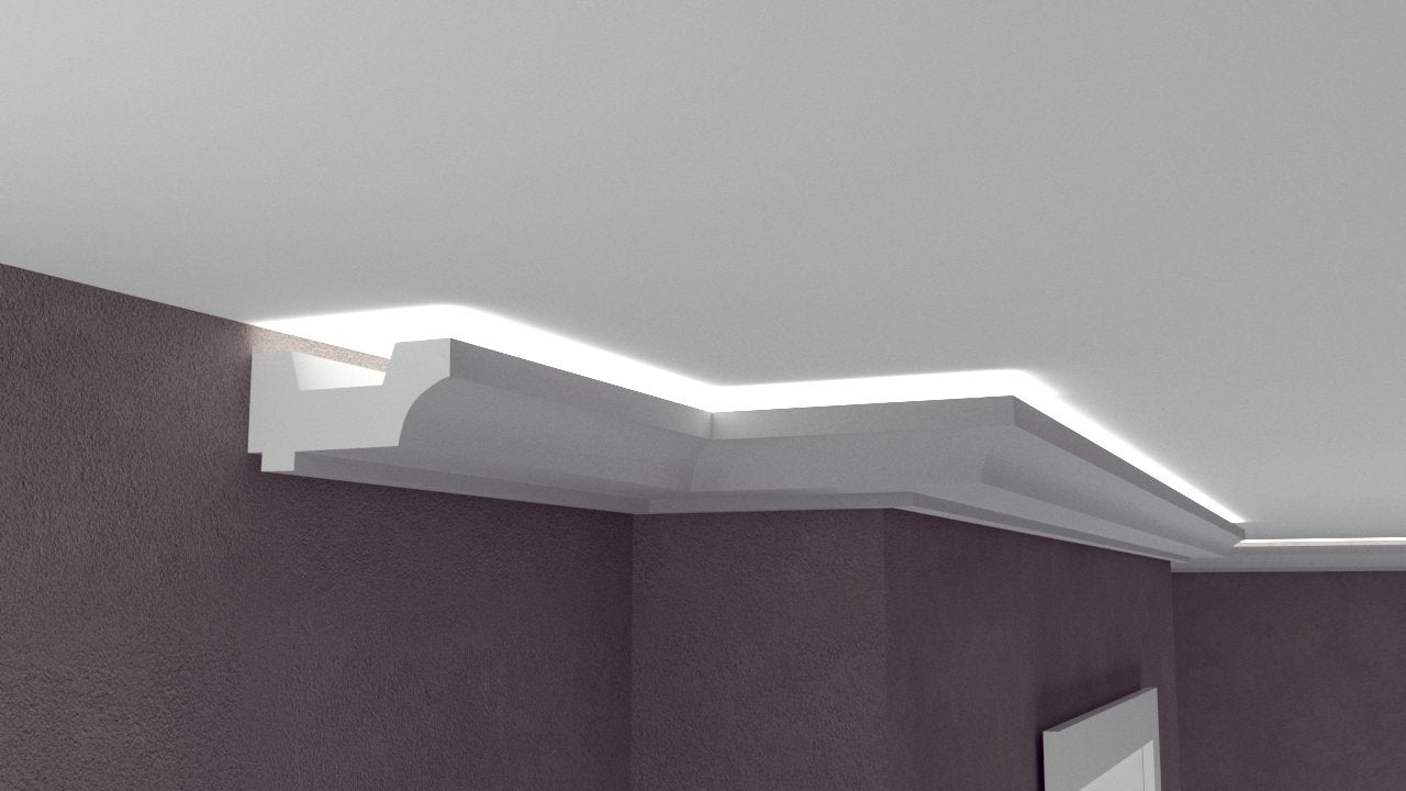 Profil Decorativ din Polistiren pentru Tavane de Interior CIL0023, folosit ca si cornisa pentru Bandă  LED de dimensiuni 120x60x2000