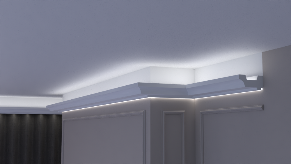 Profil Decorativ din Polistiren pentru Tavane de Interior CIL0023, folosit ca si cornisa pentru Bandă  LED de dimensiuni 120x60x2000