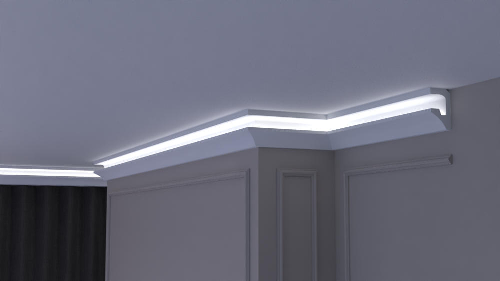 Profil Decorativ din Polistiren pentru Tavane de Interior CIL0026, folosit ca si cornisa pentru Bandă  LED de dimensiuni 100x60x2000
