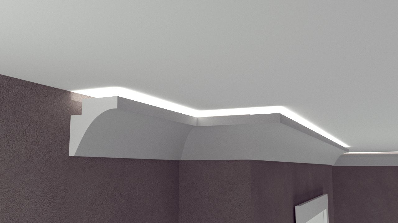 Profil Decorativ din Polistiren pentru Tavane de Interior CIL0031, folosit ca si cornisa pentru Bandă  LED de dimensiuni 100x100x2000